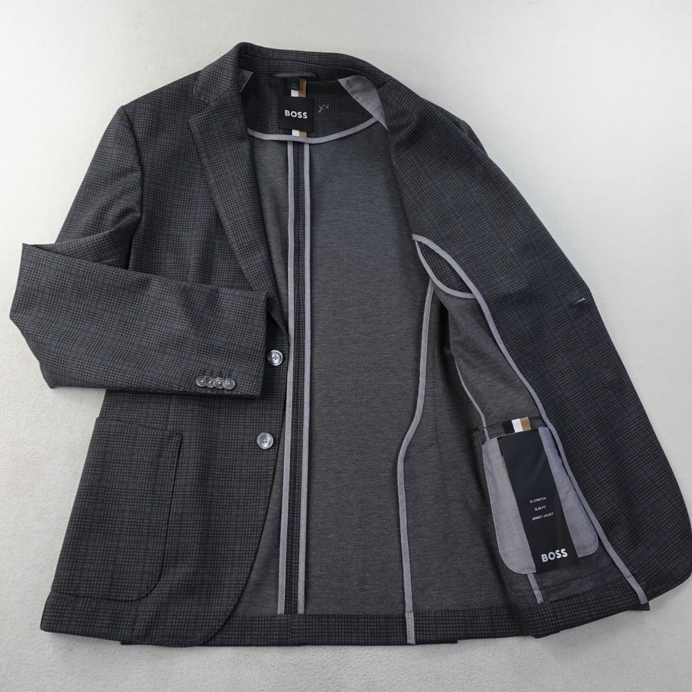 Hugo Boss Jersey Blazer Mens 38R Gray Plaid Bi Stretch Slim Fit Sport Coat